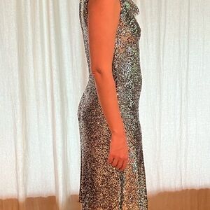 Silver Sequinned Midi Dress with Cowl Neck